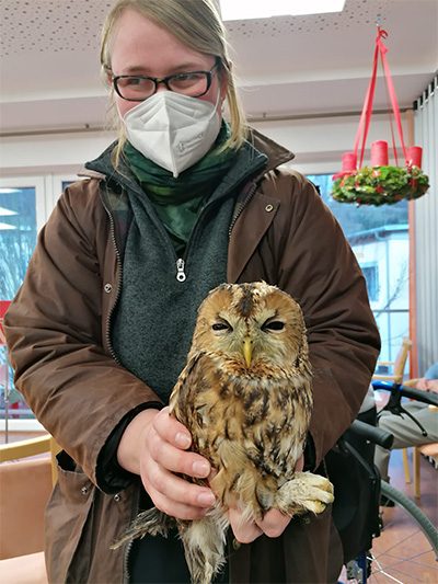 Anna Reichel präsentierte den Bewohnerinnen und Bewohnern des Altenheims St. Franziskus einen jungen Waldkauz, bevor dieser vom Garten des Altenheims aus ausgewildert wurde. Foto: privat